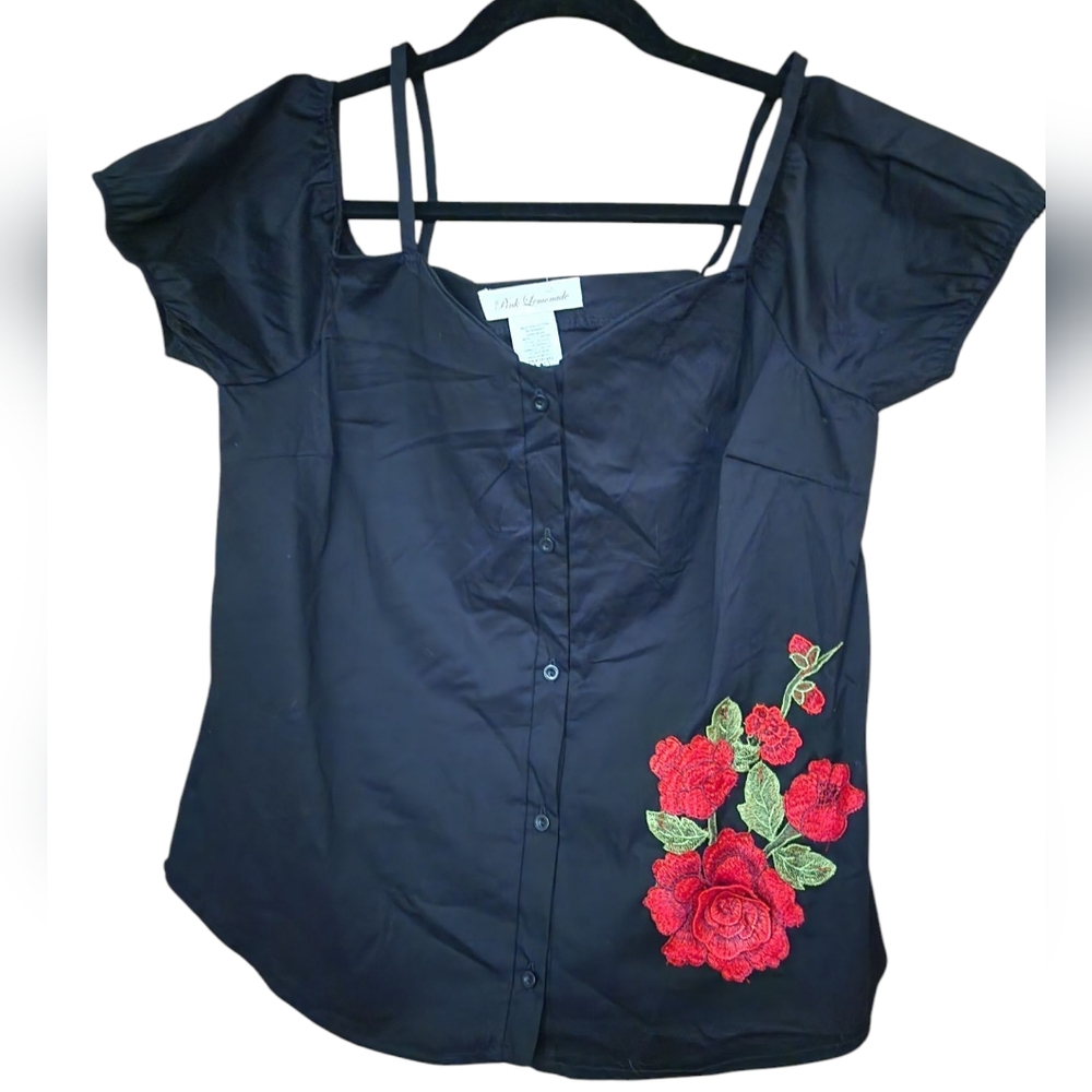 Pink Lemonade Cold Shoulder Floral Embroidered Black Top